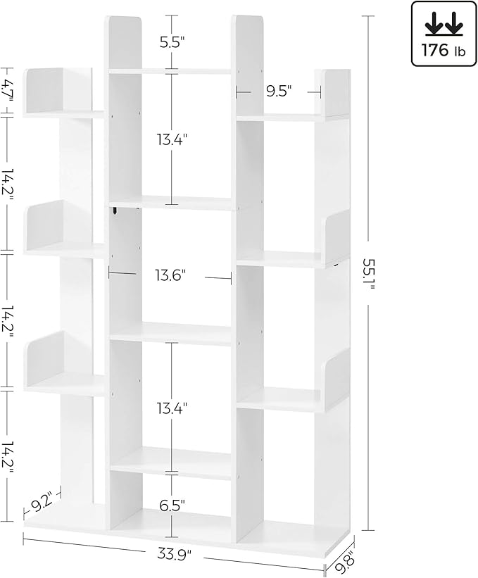 VASAGLE Bookshelf, Tree-Shaped Bookcase with 13 Storage Shelves, Rounded Corners, 9.8”D x 33.9”W x 55.1”H, White ULBC067W01