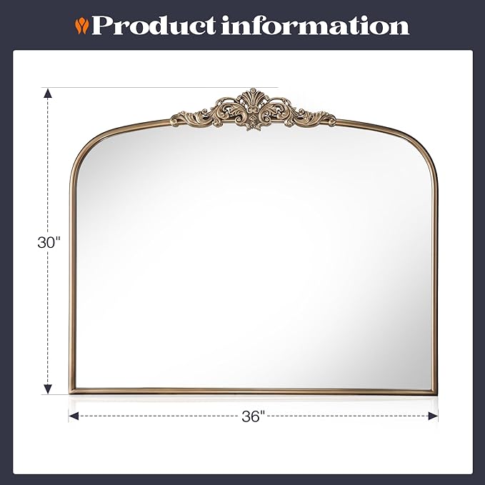 Vintage Gold Ornate Baroque Mirror, 30” x 36” Arched Antique Brass Mirrors for Fireplace Mantel, Arch Bathroom Vanity Mirror for Wall with Metal Frame for Entryway Bedroom Living Room