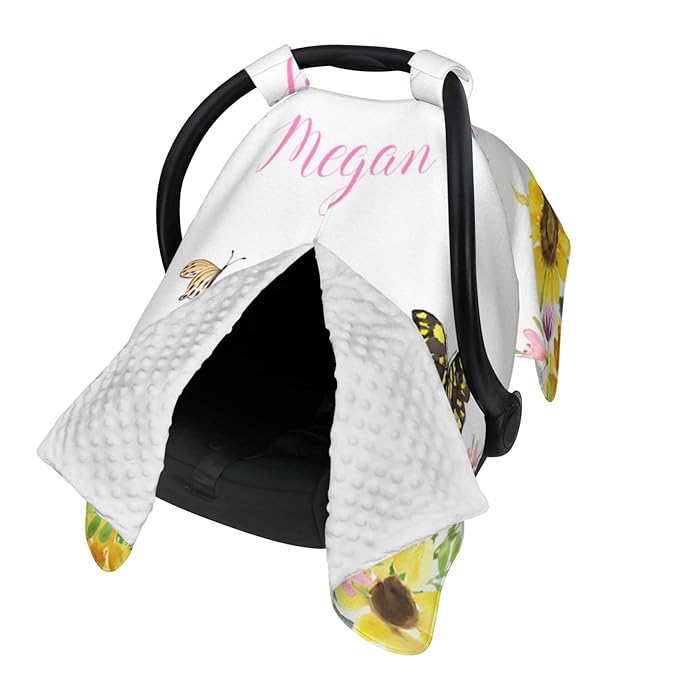 Personalized Baby Car Seat Canopy for Babies, Custom Name Car Seat Covers for Baby Girl, Sunflower Butterfly Opening Minky Nursing Breastfeeding Cover for Infant, Carseat Canopies for Newborn