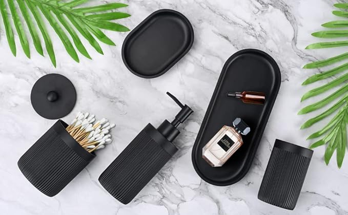Bathroom Accessory Set 5Pcs-Lotion Soap Dispenser,Toothbrush Holder,Qtip Holder Dispenser,Vanity Tray and Soap Dish-Modern Bathroom Decor Vanity Countertop Organizer,Matte Black