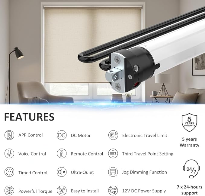 Tuya ZigBee Smart Roller Shade Motor, High Torque Electric Blinds Retrofit Kit, App/Voice Control with Alexa Google, Remote & Timer, Quiet 38dB (10 N.m for Φ50mm (2") Round Tube)