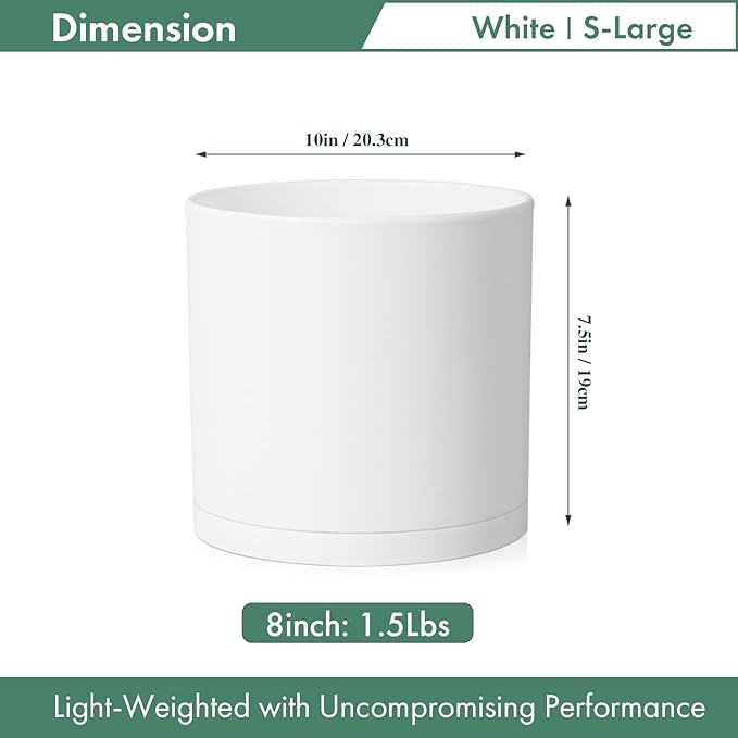 Cylinder 8 inch Plant Pots, Mordern Plastic Planters with Drainage Holes and Saucers for Indoor Outdoor Plants Flowers, White
