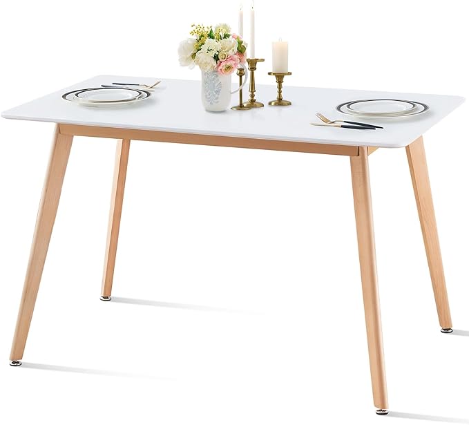 47.2" Rectangular Dining Table for 4-6 Person - White Modern Wooden Kitchen Table with Solid Wood Legs, Mid-Century Design for Dining Room, Living Room, and Kitchen