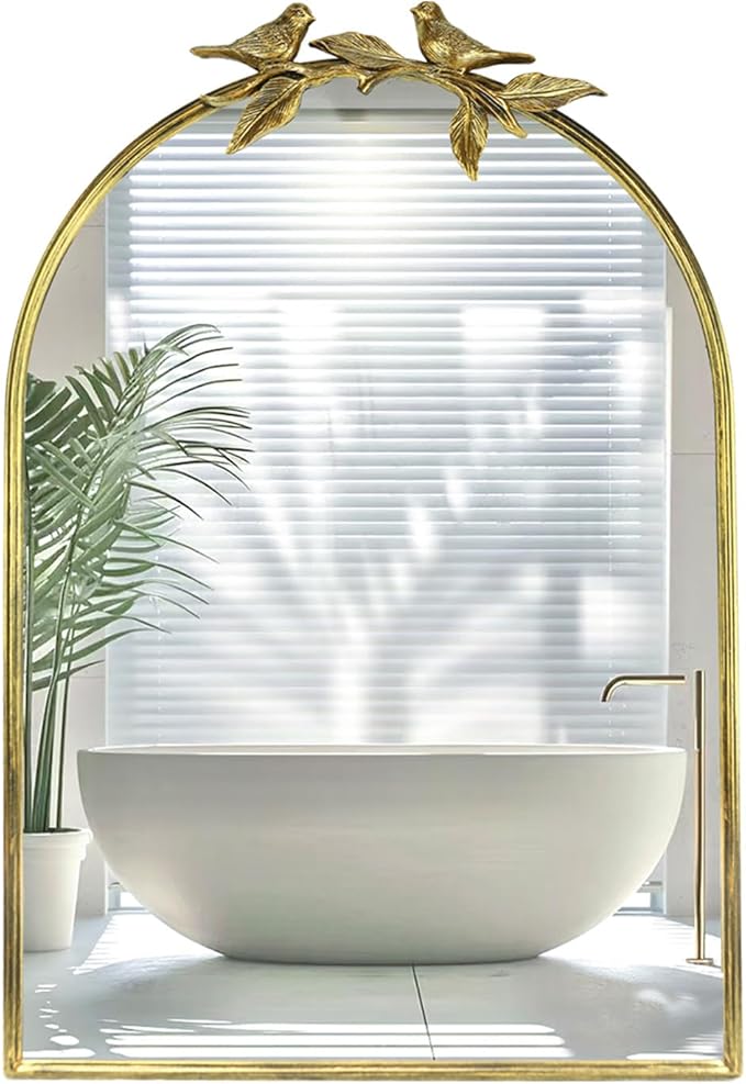 Gold Vintage Mirror for Vanity 24x35 Inch Gold Antique with Ornate Frame, Arched Vintage Wall for Bathroom, Living Room, Fireplace, Entryway