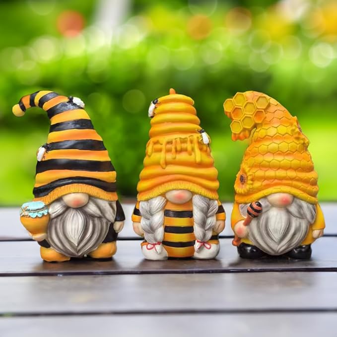 OrnamentallyYou Spring & Summer-Themed Garden Statues – Adorable Outdoor Decor for Lawn, Patio & Porch (Buzzy Trio Set of Three Bumble Bee Gnome Figurines, 6" Tiered Tray Home or Garden Decoration)