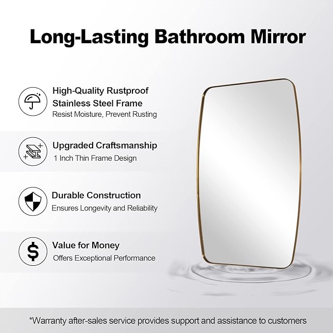 ANDY STAR 30x36” Gold Bathroom Mirror, Oblong Brass Mirror with Stainless Steel Metal Frame, Brushed Gold Oval Vanity Mirror for Over Sink, Modern Anti Rust Wall Mounted