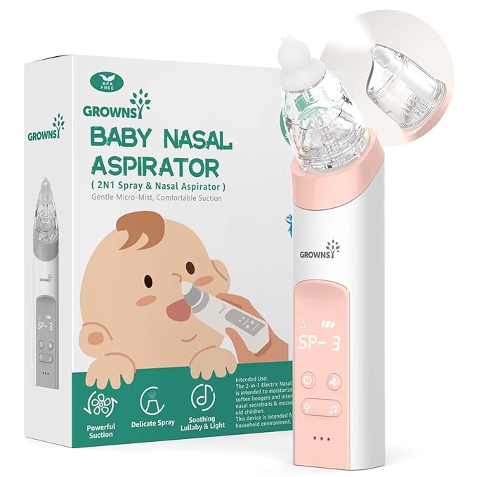 GROWNSY Nasal Aspirator for Baby, 2-in-1 Electric Nose Spray & Suction, Baby Nose Sucker with Powerful Suction, Music and Light Soothing Function, Pink