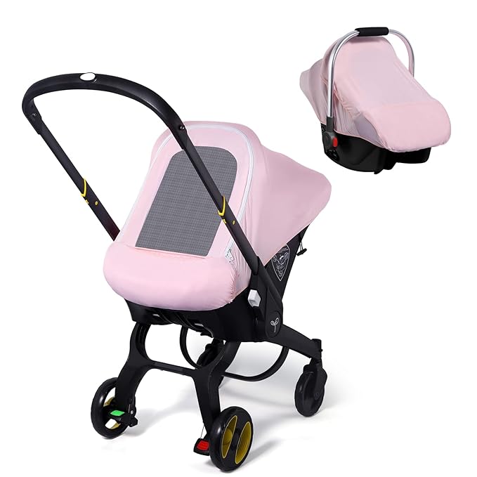Baby Car Seat Cover, Original Carseat Covers with Adjustable Breathable Mesh Window & Pocket, Stretchy Infant Car Seat Canopy for Girls Boys, Kick-Proof Stroller Cover for Summer