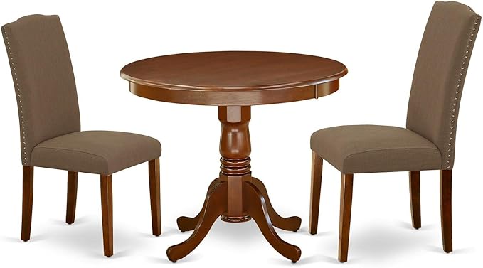East West Furniture ANEN3-MAH-18 3 Piece Dining Room Furniture Set Contains a Round Kitchen Table with Pedestal and 2 Dark Coffee Linen Fabric Parson Dining Chairs, 36x36 Inch, Mahogany