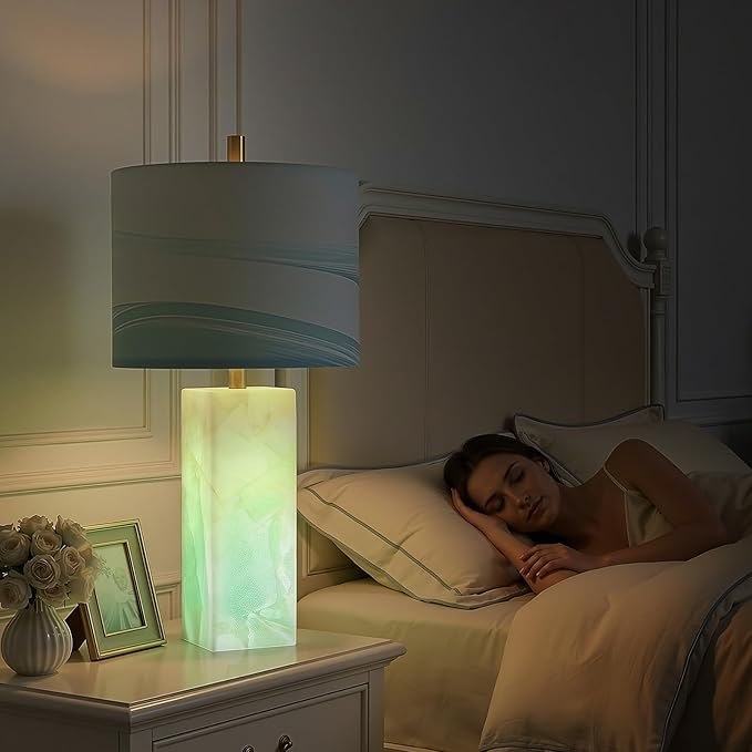 Scenekoy 23" Alabaster Table Lamp Set of 2 with Night Light for Bedroom Living Room, Rotary Switch, Blue Table Lamp with Linen Shade, Modern Nightstand Lamps for Room Bedside Bedroom (Bulb Included)