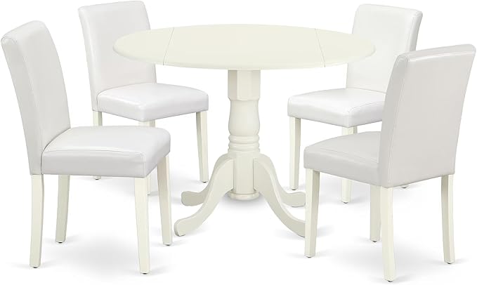 East West Furniture DLAB5-LWH-64 5 Piece Kitchen Table & Chairs Set Includes a Round Dining Room Table with Dropleaf and 4 White Faux Leather Parsons Dining Chairs, 42x42 Inch, Linen White