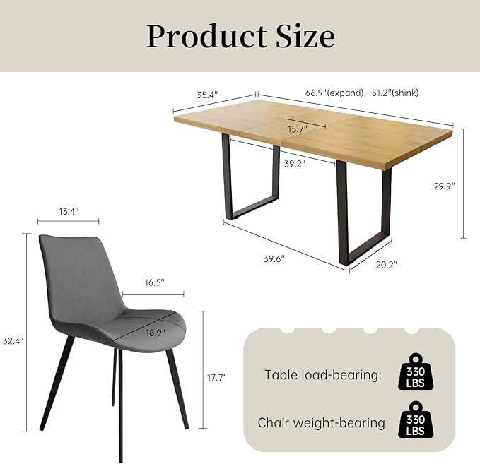 ZckyCine Modern Dining Table Set for 4-6 People Kitchen Dining Room Table Set Extendable Wood Dining Table and 4 Upholstered Chairs, Home Kitchen Furniture