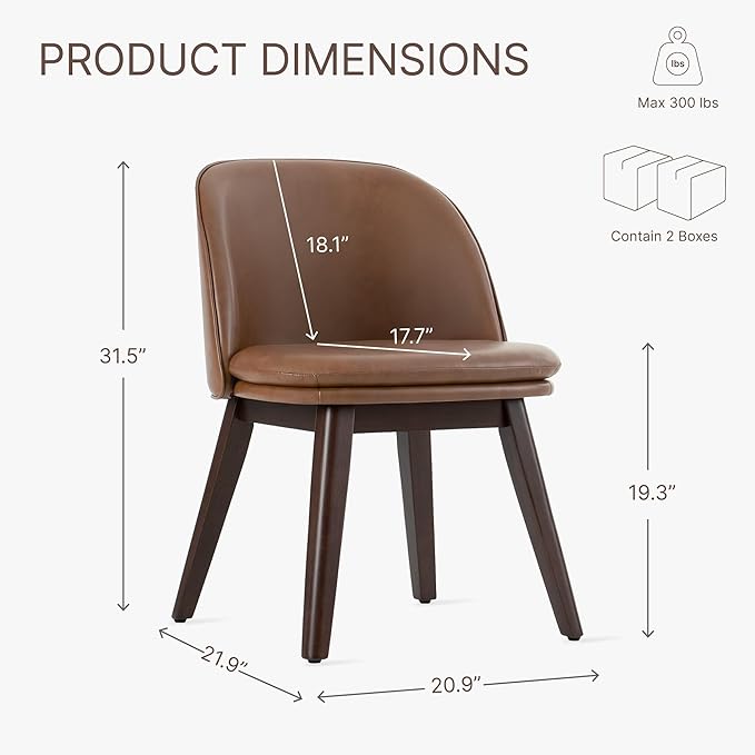 Wooden Dining Chairs Set of 4, Faux Leather Upholstered Modern Dining Room Chairs with Double-Layer Thick Seat Cushion & Ergonomic Backrest for Restaurant, Kitchen and Café, Brown, 2 Boxs