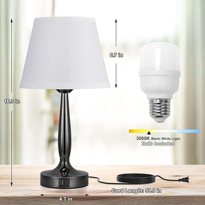 Kakanuo Touch Bedside Lamps for Bedroom Set, Small Touch Table Lamps with 2 USB Charging Ports, 3 Way Dimmable Nightstand Lamps with USB C Port - White (LED Bulb Included)