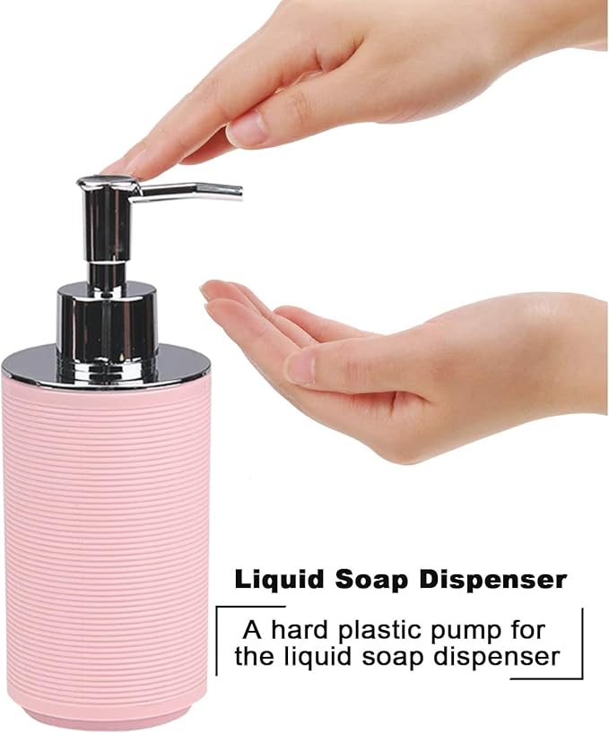 CERBIOR Bathroom Accessories Set Bath Ensemble Includes Soap Dispenser, Toothbrush Holder, Toothbrush Cup, Soap Dish for Decorative Countertop and Housewarming Gift (Pink Spiricle)