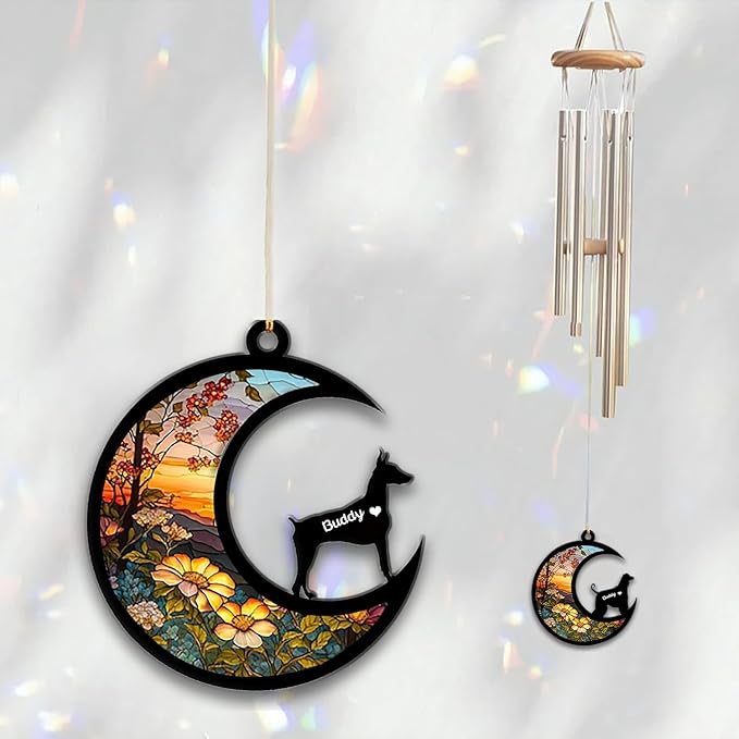 Doberman Pinscher Cropped Ears Sun Catcher Wind Chime, Custom Sunflower Suncatcher Dog Memorial Wind Chime, Dog Loss Gift, Dog Sympathy Gift, Pet Loss Suncatcher, Outdoor Garden Decor