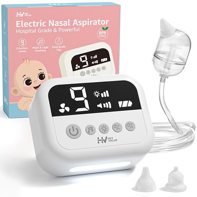 HEYVALUE Nasal Aspirator for Baby, Hospital Grade Nose Sucker with 9 Levels Suction, Night Light and Nursery Rhyme Soothing Function, Electric Nose Suction for Baby with Food-Grade Silicone Tips