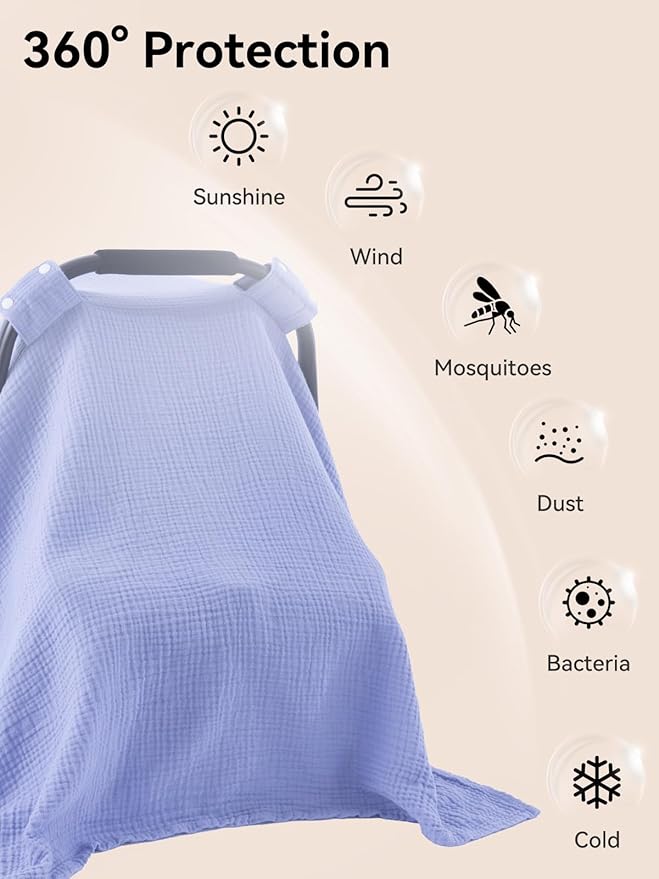 TILLYOU Baby Car Seat Cover, Breathable Muslin Cotton Infant Car Seat Cover, Lightweight Canopy with Sun and Bug Protection(Blue)