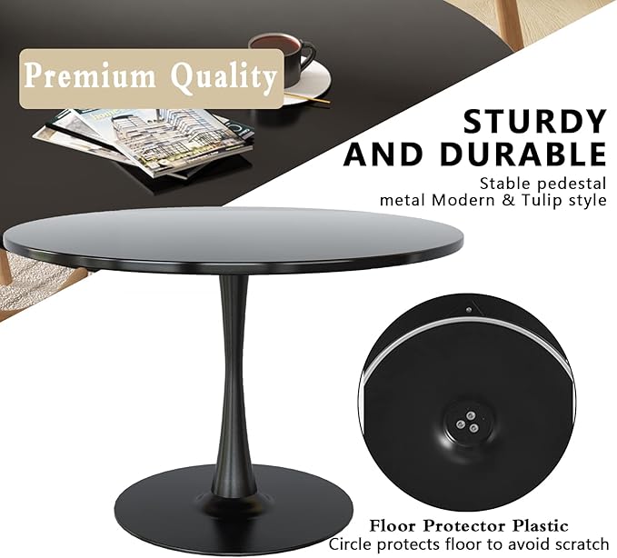 DKLGG Black Round Dining Table, 42.1" Tulip Table Kitchen Dining Table 4-6 People with MDF Top & Pedestal Base, Mid-Century End Leisure Coffee Office Living Room Table