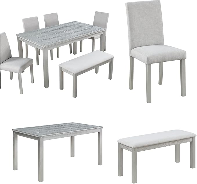 Dining Table Set, 6-Piece Kitchen Table & Chair Set with Rectangular Crystal Decoration & 4 Upholstered Chairs & a Bench, Wooden Dining Set, Silver Gray