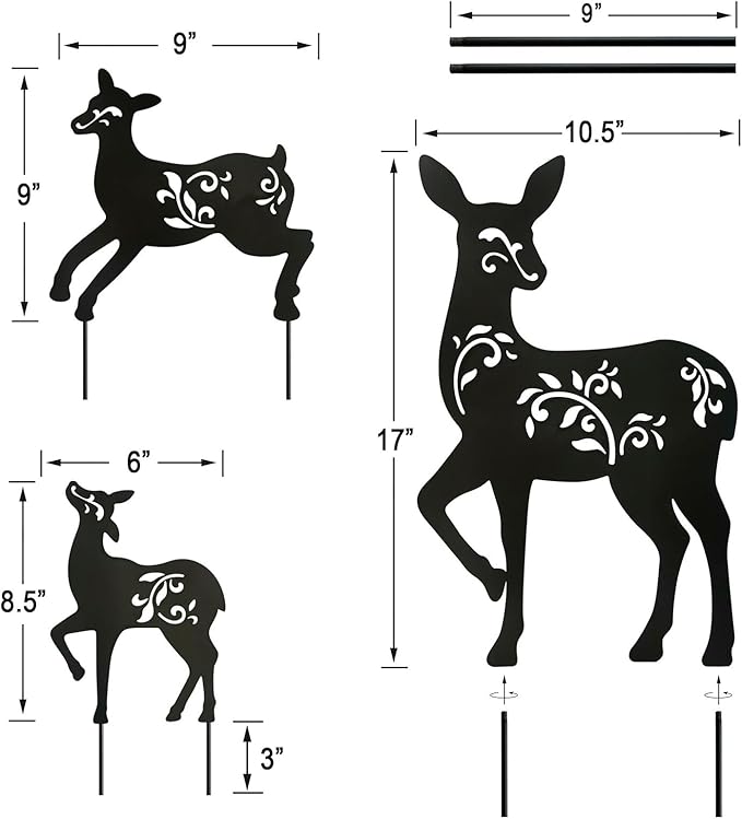 Outdoor Deer Stakes, Set of 3 Metal Deer Garden Decor for Outside,Black Silhouette Yard Art(Deer Black)