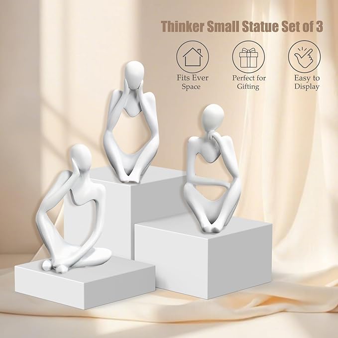 Mingzhang 3pcs Thinker Statue Abstract Art Thinker Figurines White Home Decor for Living Room, Office, Coffee Table, Bookshelf Decoration, Housewarming Gifts