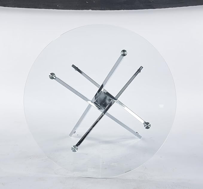 36" Round Dining Table for 4, Modern Clear Glass Kitchen Table for 4 with Silver X Metal Legs, Contemporary Small Circle Dining Room Leisure Tables for Kitchen Apartment