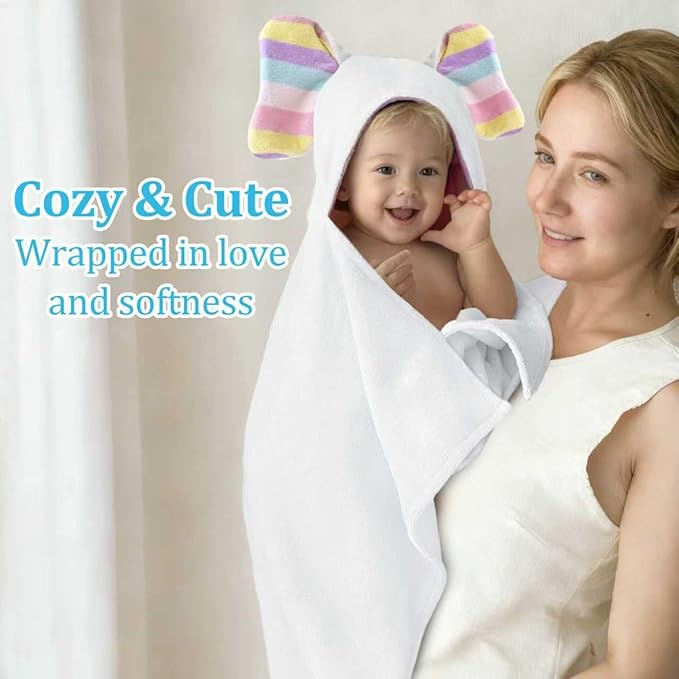 VOOVA & MOVAS Cute Elephant Ears Large Hooded Towel for Baby – 100% Cotton, 420GSM, Thick & Super Absorbent – 33" x 31.5", for 0–18 Months – Newborn, Toddler, Infant Bath Towel, Baby Essentials，White