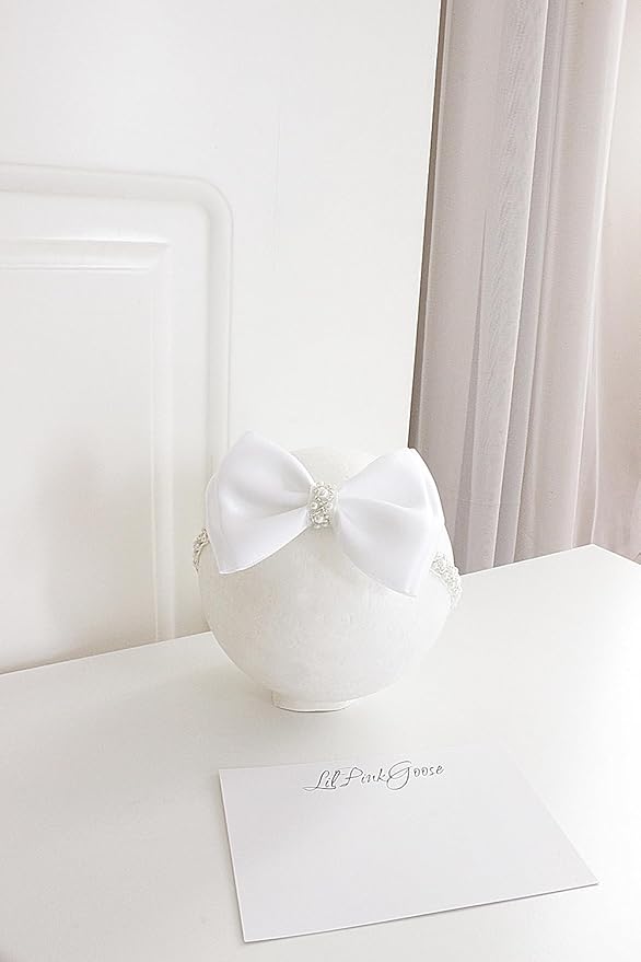0-12 Newborn Baby Baptism Pearl Headband or Clip with Bow in WHITE Christening Headband with Satin Bow, Pearl Rhinestone Band (Light Pink(3-6Months), 1 Count (Pack of 1))