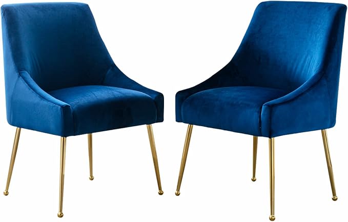 Velvet Dining Chairs Set of 2, Furniture Collection Modern Contemporary Upholstered with Polished Gold Metal Legs(Blue)