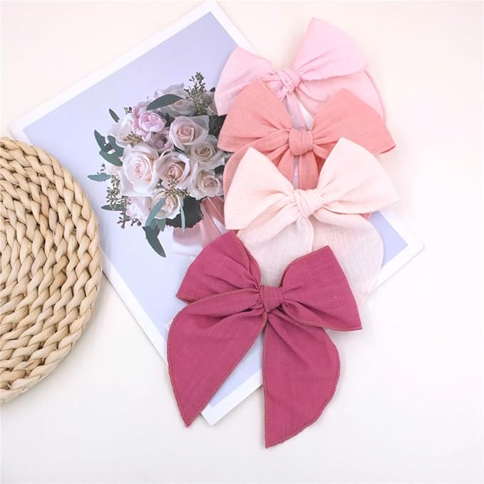 Pack of 4 Gorgeous Fable Bow Hair Clips for Girls Women Linen Hair Bow Alligator Clips Toddler Baby Mom Young Girl Hair Accessories (Pink/Rose)