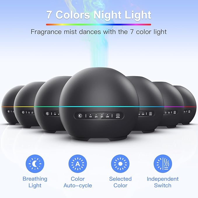 2 Pack Essential Oil Diffuser for Home - 200ml Ultrasonic Aromatherapy Diffuser with 4 Timers & 7 Colors Night Lights, 20dB Quiet Working for 10 Hours (Black+Black)