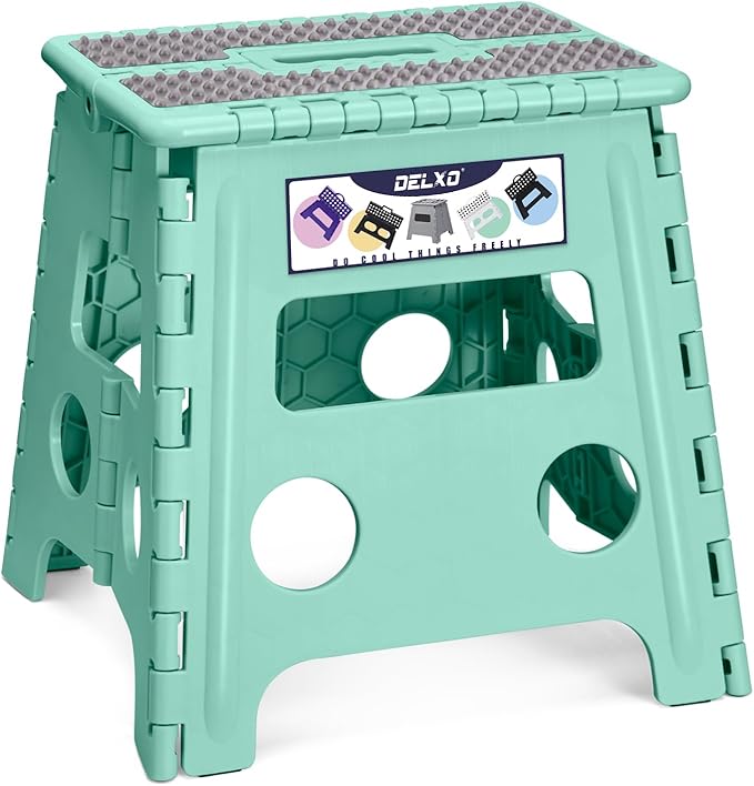 Delxo Folding Step Stool 13 Inch Non-Slip Foldable Stools for Kids & Adults Up to 300 LBS Kitchen Collapsible Fold Up Stepping Stool with Dotted 1 Pack Green