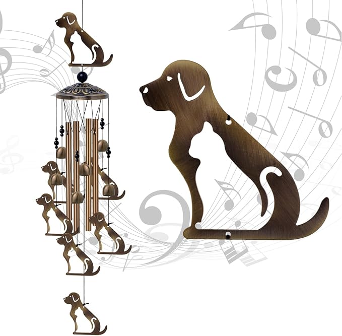 Outdoor Dogs Wind Chimes Indoor Decor - Hand-Made Mobile Romantic Bronze Wind Catcher, 36" Puppys Wind Bells for Home, Balcony, Patio, Garden Festival Decoration, Gift for Mom(4 Tubes, 6 Bells, 7Dogs)
