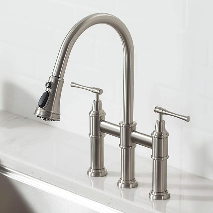 KRAUS Allyn Transitional Bridge Kitchen Faucet with Pull-Down Sprayhead in Spot Free Stainless Steel, KPF-3121SFS