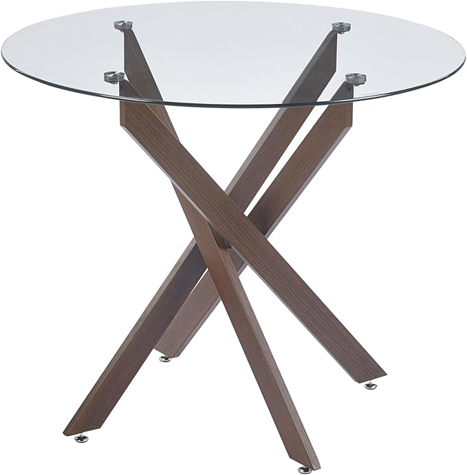 Dining Table for 4 Modern Round Dining Table 35.43" Kitchen & Dining Room Tables with Metal Legs and Glass Tabletop for Dining Room and Apartment, Brown