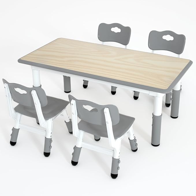 Kids Table and 4 Chairs Set，Height Adjustable Children Table & Chair，Toddlers Study Multi-Activity Table with 47.2"x23.6" Wipe-Clean Desktop，for Classrooms, Homes & Daycares