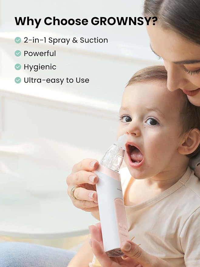 GROWNSY Nasal Aspirator for Baby, 2-in-1 Electric Nose Spray & Suction, Baby Nose Sucker with Powerful Suction, Music and Light Soothing Function, Pink