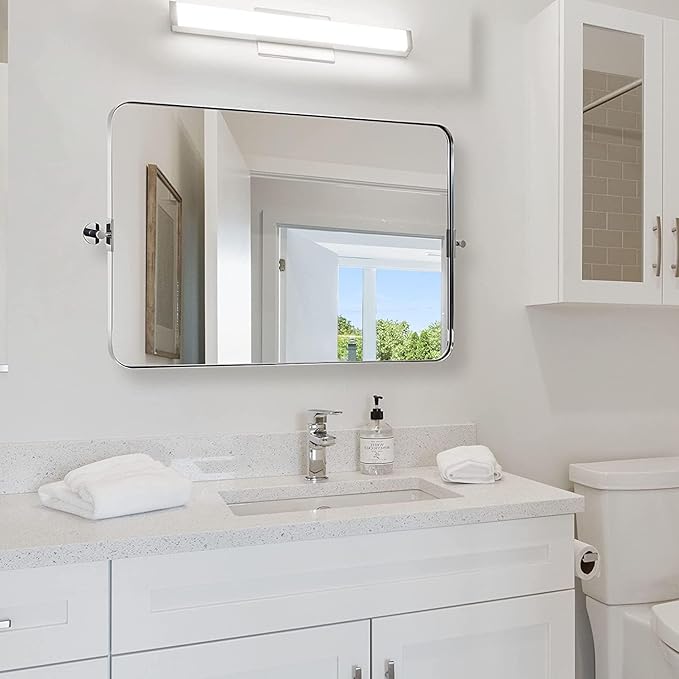 MOON MIRROR 36" x 24" Brushed Nickel Rectangle Bathroom Mirror, Tilting Rounded Rectangular Metal Framed Pivot Wall Mirror, Hangs Horizontally Only(Overall 39.75" x 22")