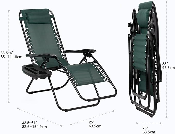 Nazhura Set of 2 Relaxing Recliners Patio Chairs Adjustable Steel Mesh Zero Gravity Lounge Chair Beach Chairs with Pillow and Cup Holder (Dark Green)