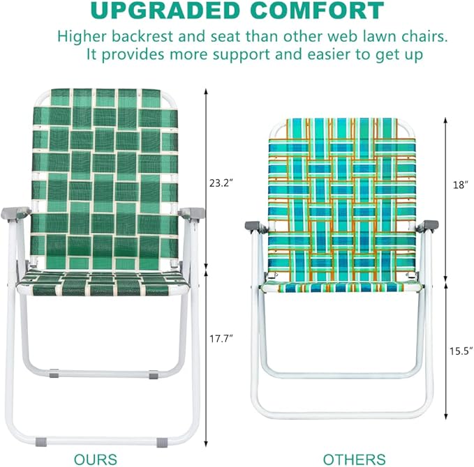 VINGLI Patio Lawn Webbed Folding Chairs Set of 2, Outdoor Beach Chair Portable Dining Chair for Outdoor Yard, Garden (Dark Green, Classic)