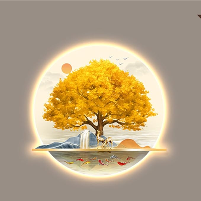 Bubinblau E,80 * 96cm, Mountain Tree Wall Art with Led Light, Zen Wall Art Decor, Luminous Wall Sculptures Painting, for Study Room, Dining Room, Living Room, Tea Room