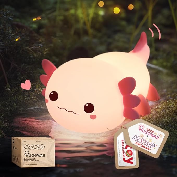Mewaii Huggwaii Squishy Axolotl Night Light for Kids – Dimmable Silicone Axolotl Lamp, 2025 Upgraded Baby Night Light, Rechargeable, 20H Battery Life, Sleep Aid Gift for Toddlers, Girls&Room Decor