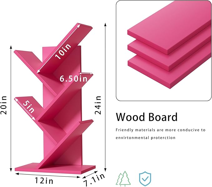 5 Tier Tree Book Shelf, Small Desktop Bookshelf with Storage Organizer, Wood Bookcase, Desk Display Bookshelves, Floor Standing Organizer Bookcases for Living Room,Bedroom,Office-Pink