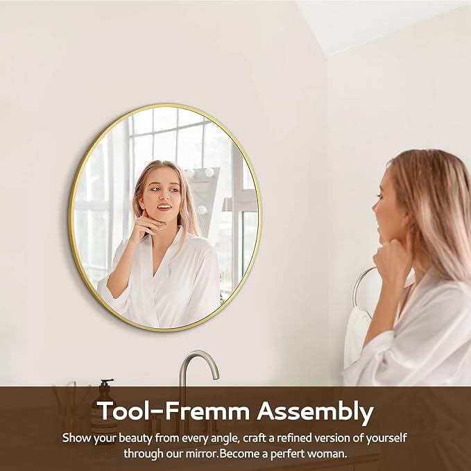 Circular Mirror Gold Round Mirror 18 Inch Round Bathroom Mirror Wall Mirrors Brushed Metal Frame Anti-Rust Tempered Glass for Bathroom Bedroom Entryway Living Room