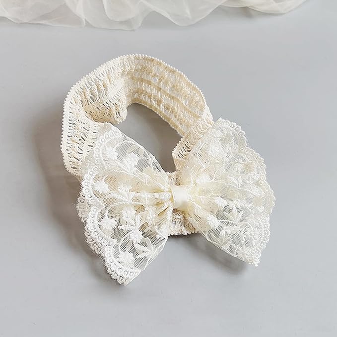 Baby Girls Bow Lace Headband Cute Soft Hairband White Butterfly Knot Headbands for Newborn Infants Toddlers Kids Christening Baptism Birthday Party Hair Accessories（Floral Bow）