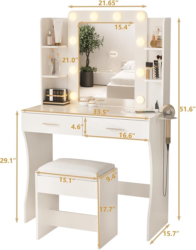 Vabches Vanity Desk with Lights,Makeup Vanity with Power Strip,Dressing Table Set with 2 Large Drawers,Vanity Mirror 3 Lighting Color Adjustable,White
