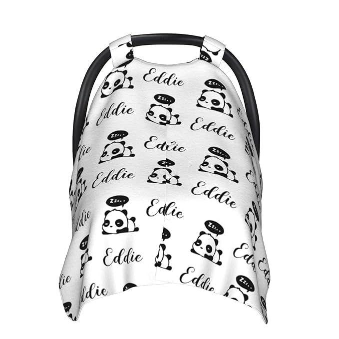 Personalized Baby Car Seats Canopy for Babies with Name, Custom Multi-use Covers for Baby Boys Girls, Cute Little Panda Minky Nursing Breastfeeding Stroller Cover Canopies for Newborn Infant