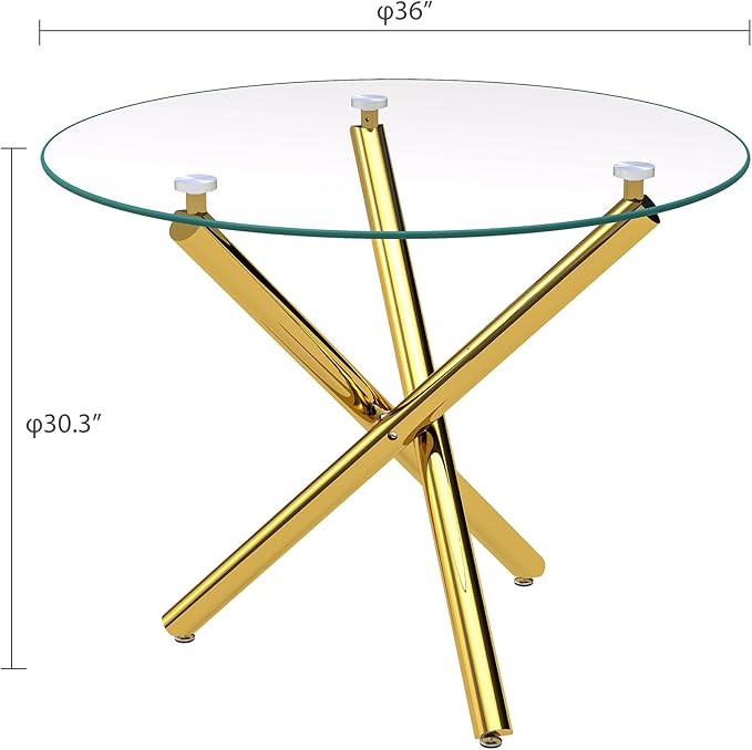 36" Round Glass Dining Room Table for 4 with Tempered Glass Top and Gold Chrome Metal Tube Legs, Modern Clear Kitchen and Dinner Table for Home Office Dining Room