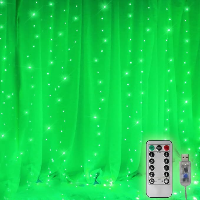 300 LED Curtain Lights - Christmas String Lights with Remote Control, USB Power, 8 Lighting Modes - Green for Bedroom, Home, Xmas, St. Patrick's Day Decor - 9.8ft x 9.8ft